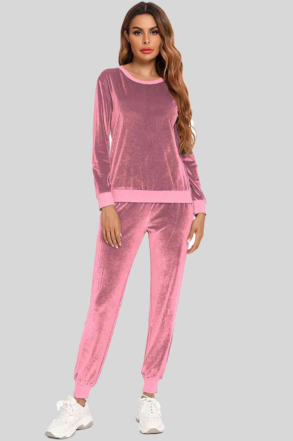 Round Neck Long Sleeve Loungewear Set with Pockets Dusty Pink for a perfect OOTD – dress to impress outfits from Amexza