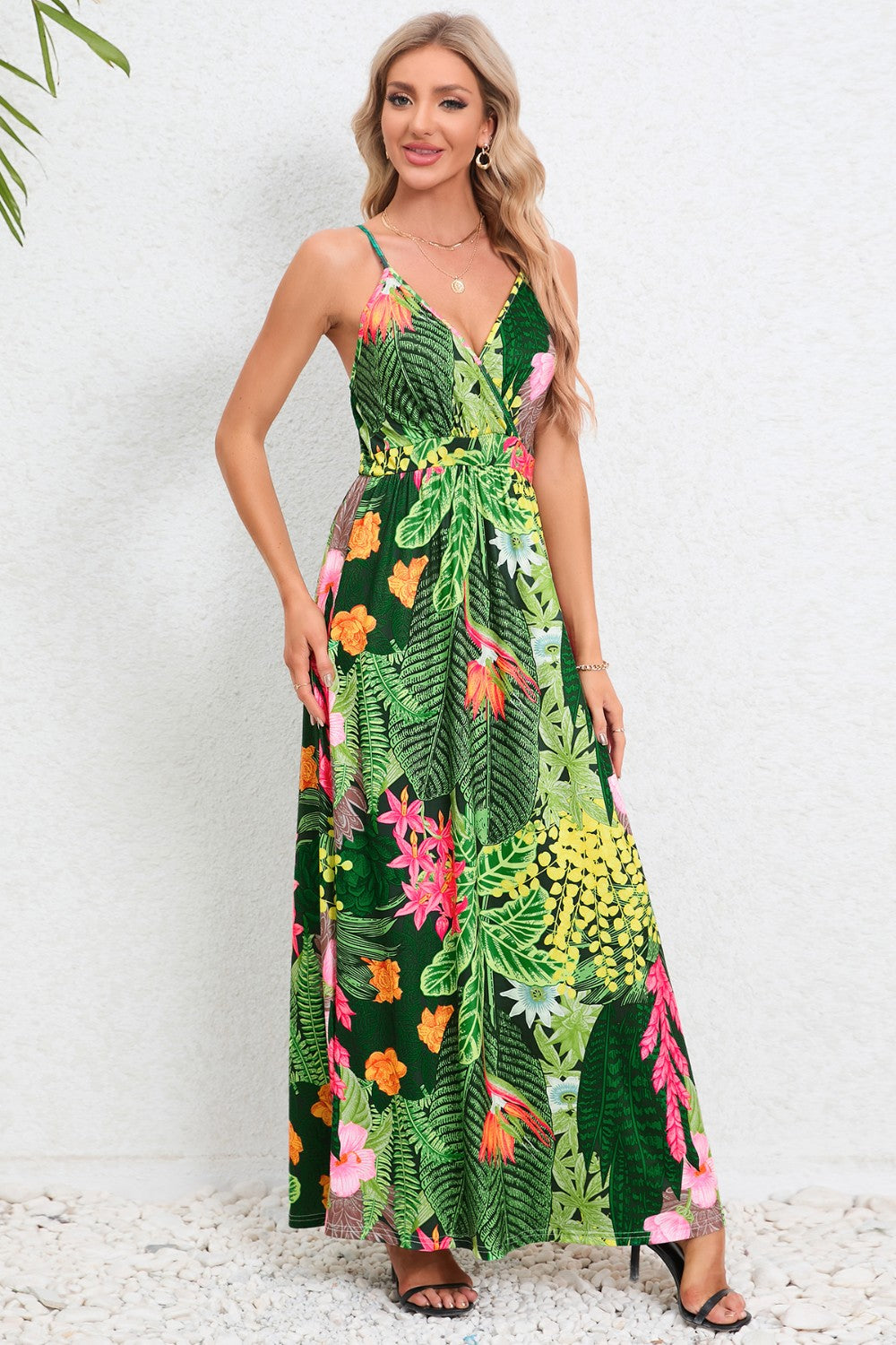 Printed Surplice Maxi Cami Dress - Green / S