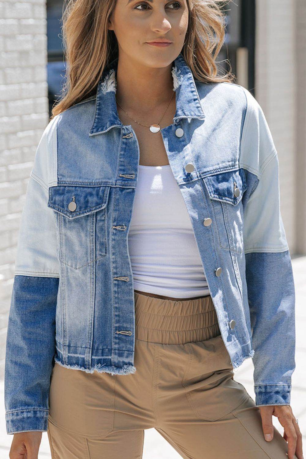 Distressed Button Up Drop Shoulder Denim Jacket for a perfect OOTD – dress to impress outfits from Amexza