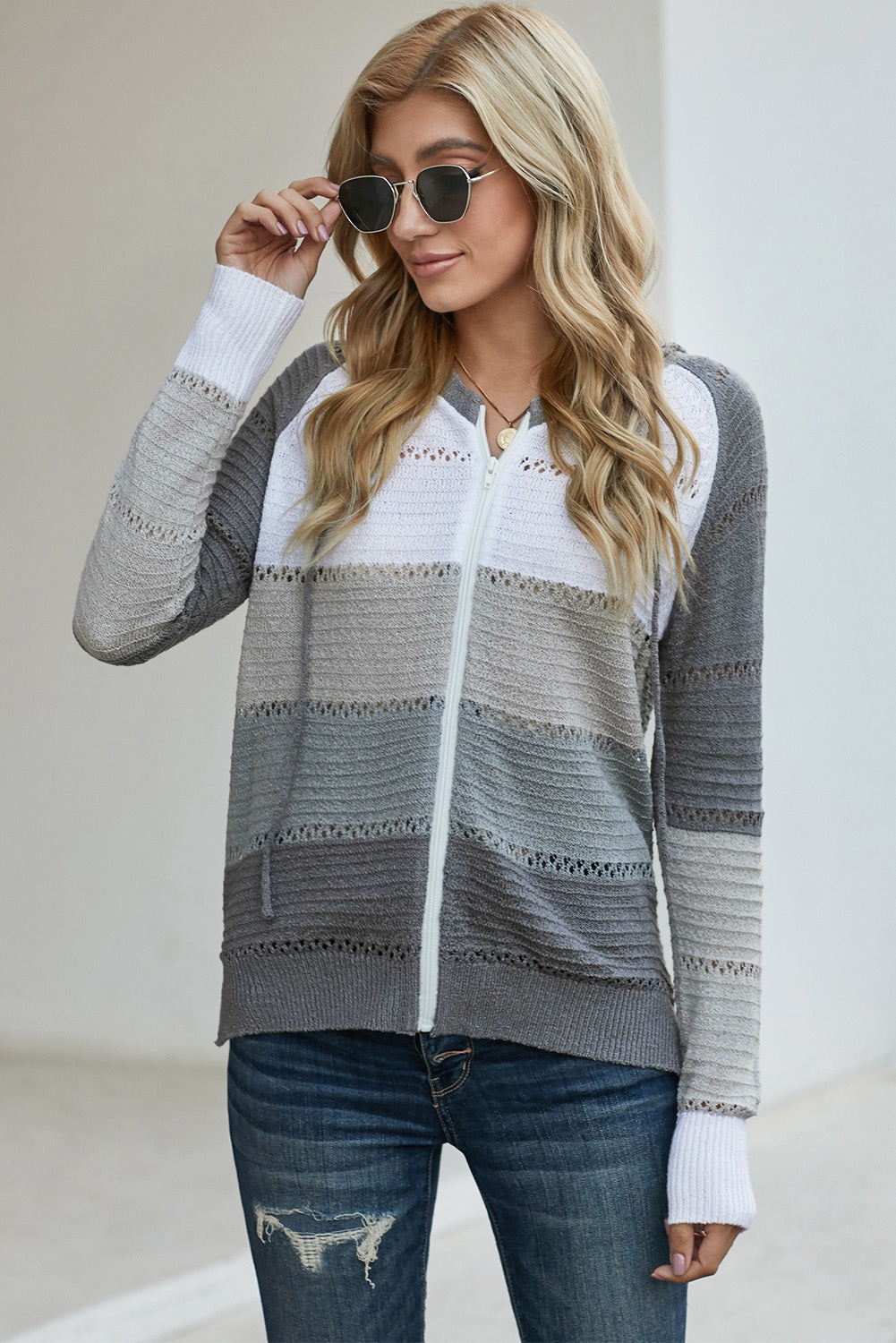 Zip-Up Raglan Sleeve Openwork Hooded Cardigan Gray White for a perfect OOTD – dress to impress outfits from Amexza