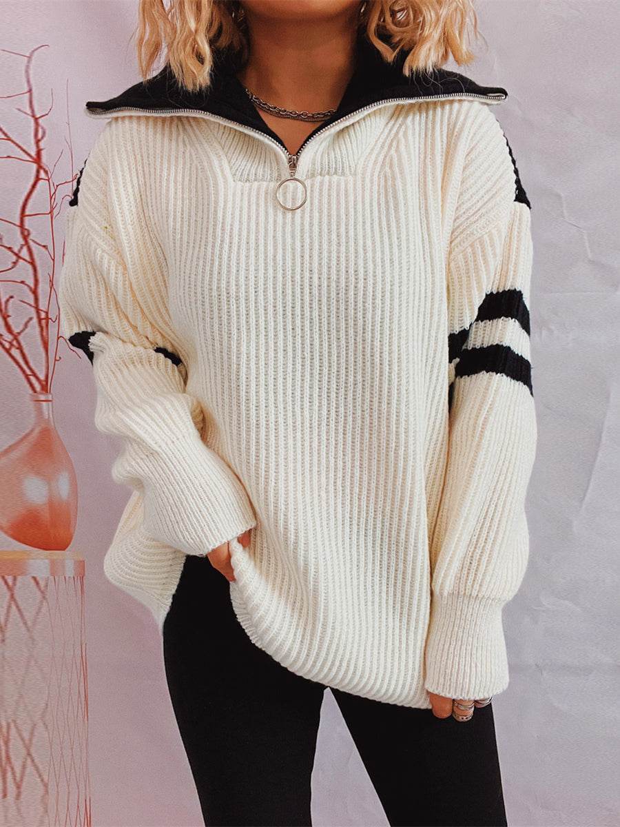 Ribbed Two-Tone Half Zip Sweater White for a perfect OOTD – dress to impress outfits from Amexza