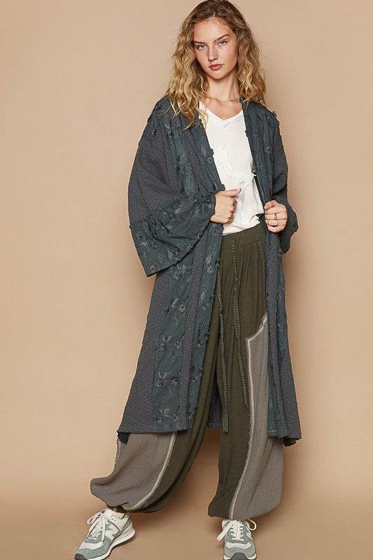 POL Flower Lace Trim Open Front Longline Cardigan Charcoal for a perfect OOTD – dress to impress outfits from Amexza