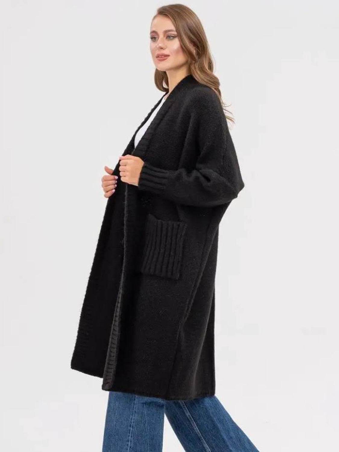 Pocketed Open Front Long Sleeve Longline Cardigan - Amexza