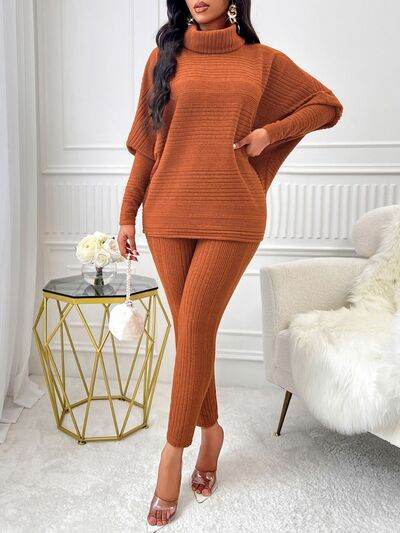 Turtleneck Batwing Sleeve Top and Pants Set - Amexza