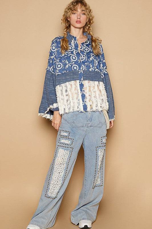 POL Lace Hem Embroidered Long Sleeve Shirt - Amexza