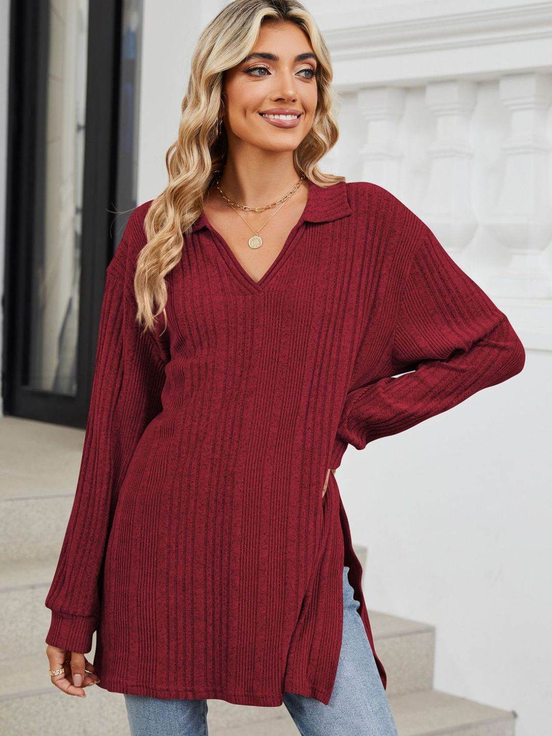 Slit Johnny Collar Long Sleeve T-Shirt for a perfect OOTD – dress to impress outfits from Amexza