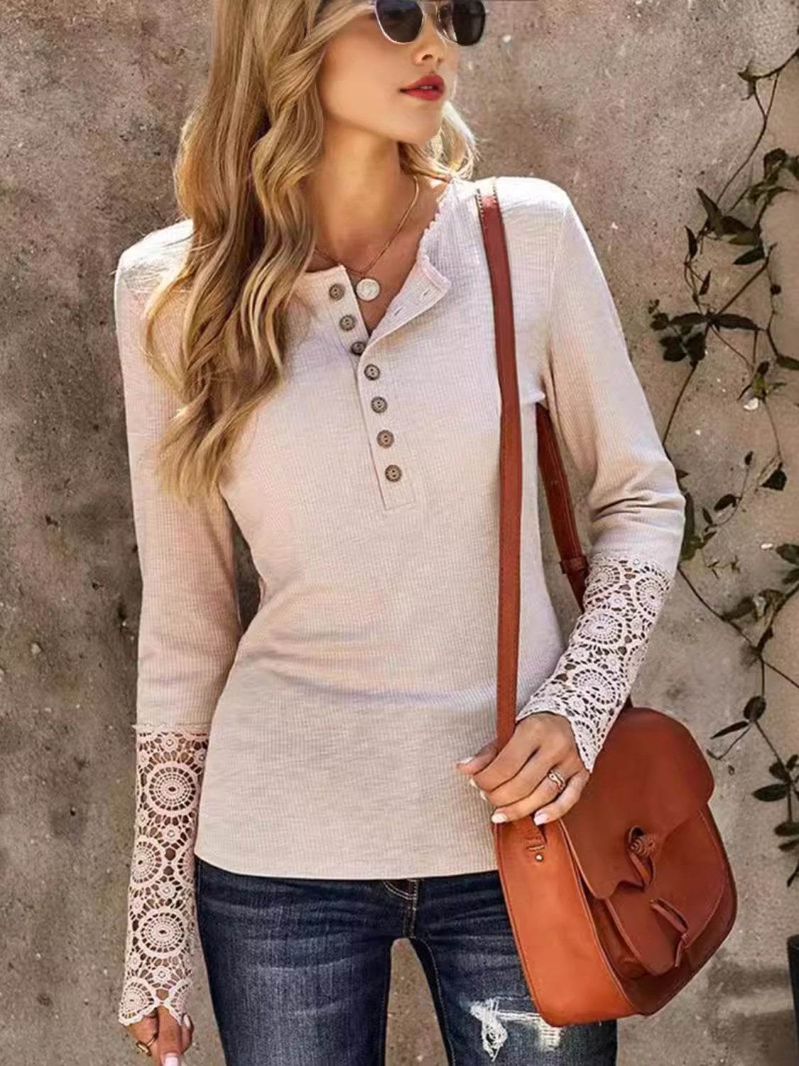 Lace Detail Half Button Round Neck Long Sleeve T-Shirt for a perfect OOTD – dress to impress outfits from Amexza