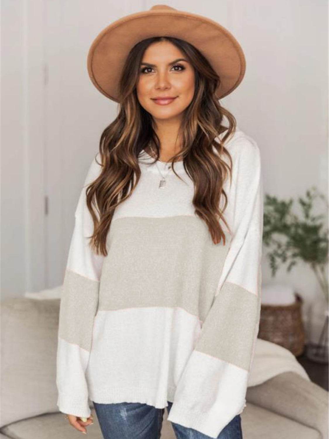 Color Block Round Neck Long Sleeve Sweater for a perfect OOTD – dress to impress outfits from Amexza