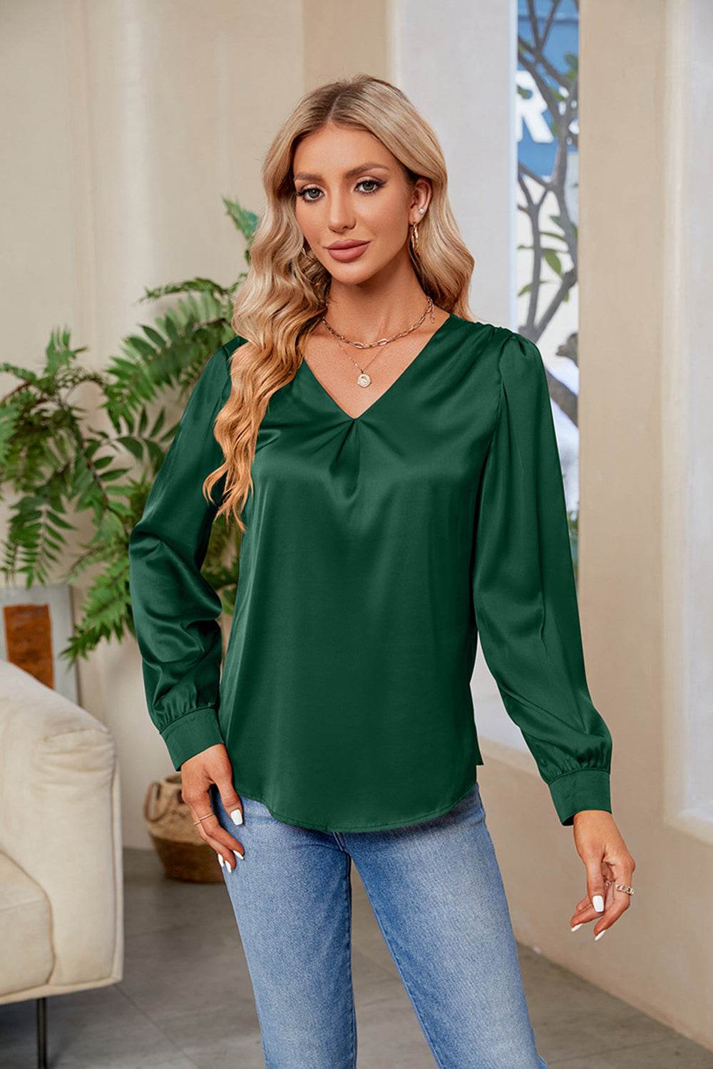 V-Neck Long Sleeve Top - Amexza