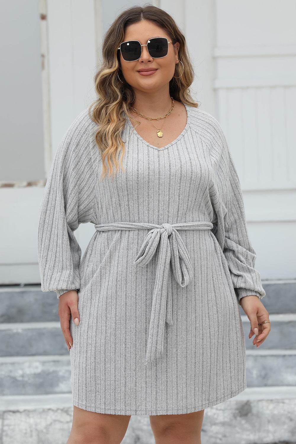 Plus Size Ribbed Tie Front Long Sleeve Sweater Dress for a perfect OOTD – dress to impress outfits from Amexza