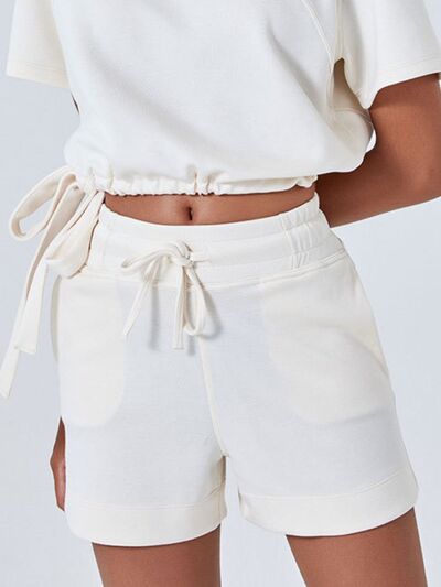 Drawstring Solid Color Shorts with Pockets Cream for a perfect OOTD – dress to impress outfits from Amexza