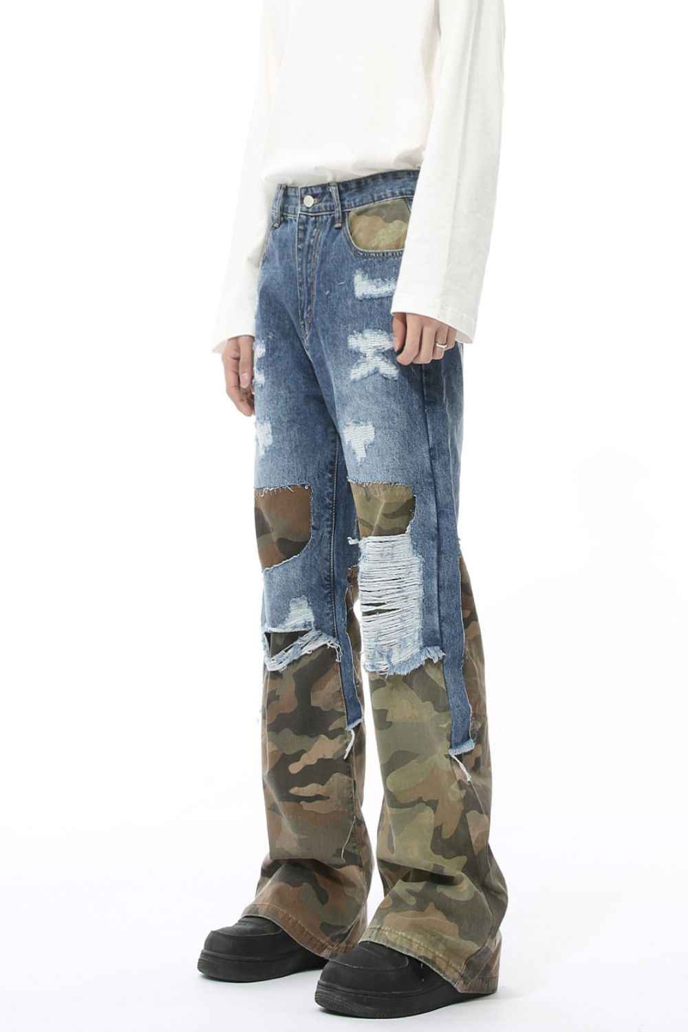 Distressed Camouflage Patchwork Jeans for a perfect OOTD – dress to impress outfits from Amexza