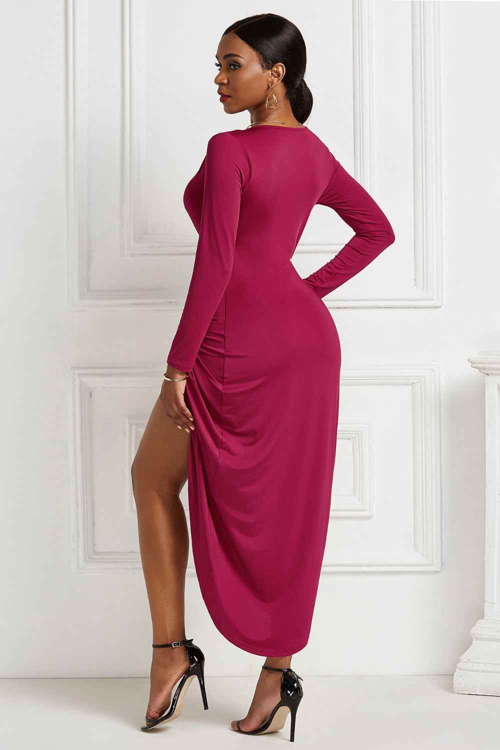 High-low Ruched Surplice Long Sleeve Dress for a perfect OOTD – dress to impress outfits from Amexza