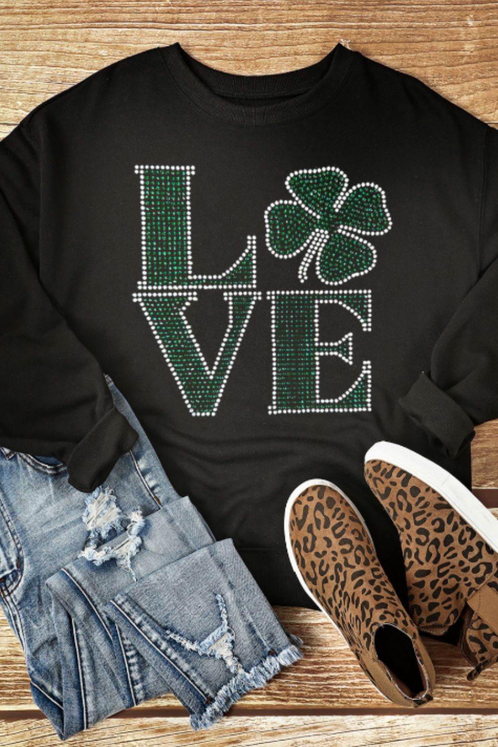 LOVE Rhinestone Clover Round Neck Sweatshirt - Amexza