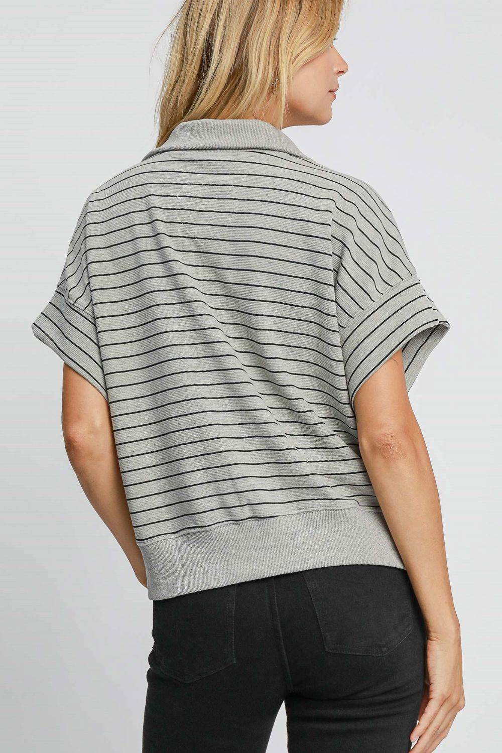 Umgee Striped Half Zip Short Sleeve Sweatshirt for a perfect OOTD – dress to impress outfits from Amexza