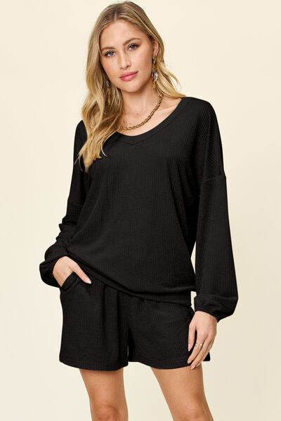 Double Take Full Size Texture V-Neck Long Sleeve T-Shirt and Shorts Set Black for a perfect OOTD – dress to impress outfits from Amexza