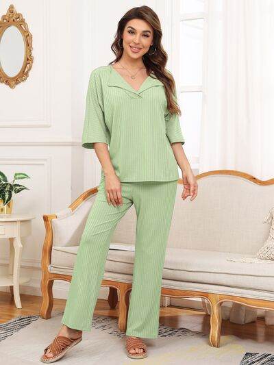 Ribbed Half Sleeve Top and Pocketed Pants Set Light Green for a perfect OOTD – dress to impress outfits from Amexza