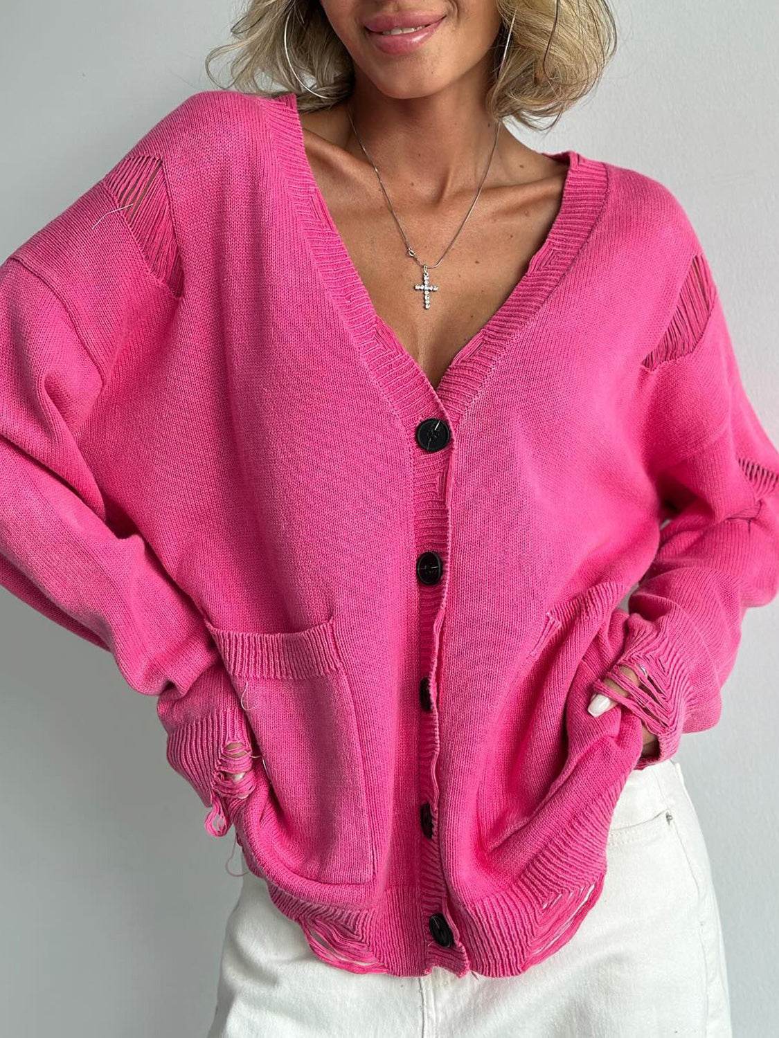 Distressed Button Down Long Sleeve Cardigan Hot Pink for a perfect OOTD – dress to impress outfits from Amexza