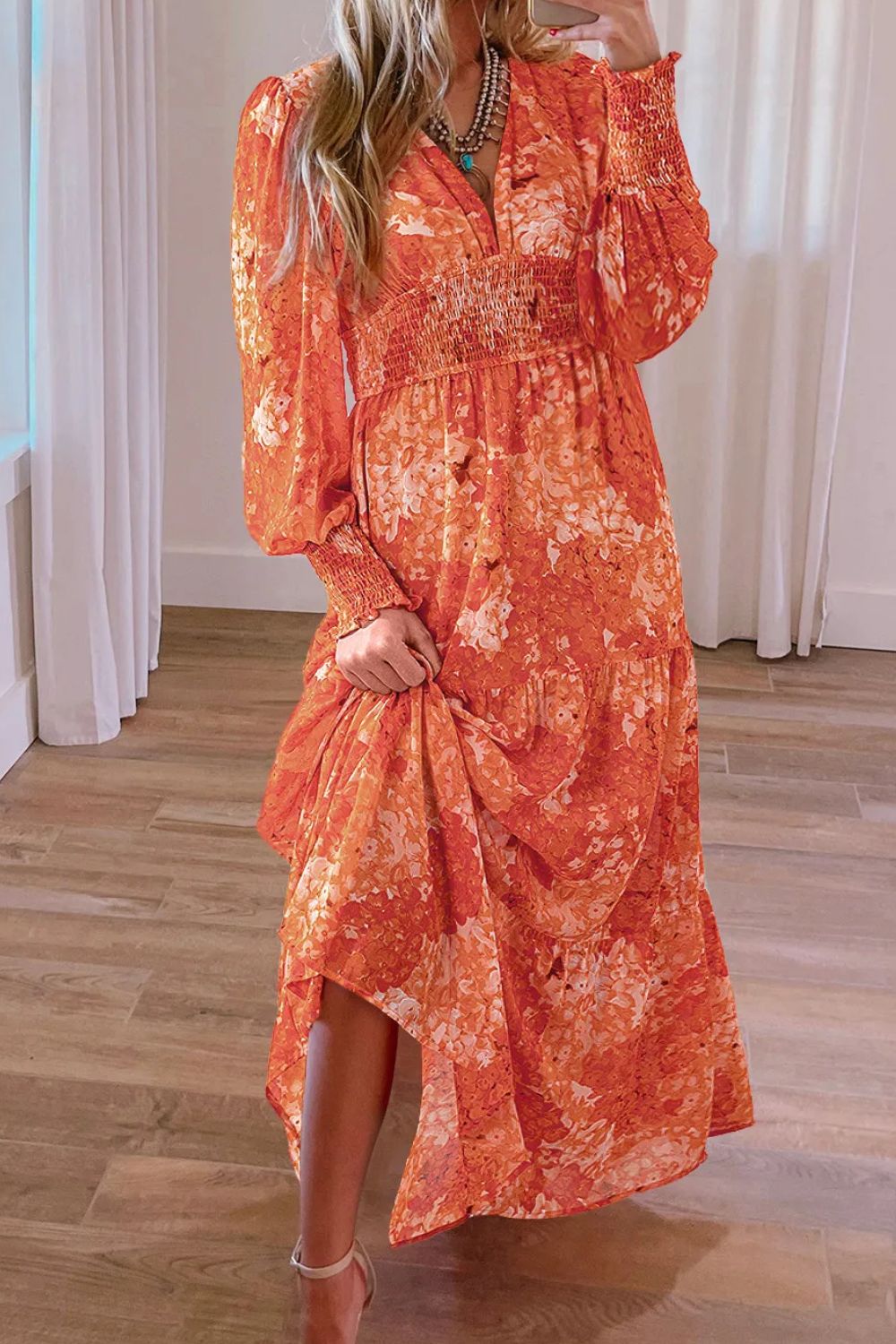 Smocked Printed V-Neck Long Sleeve Dress - Orange / S