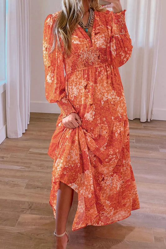 Smocked Printed V-Neck Long Sleeve Dress - Orange / S