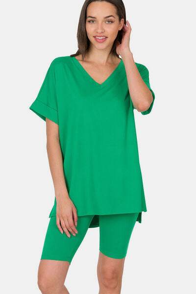 Zenana V-Neck Short Sleeve T-Shirt and Biker Shorts Set GREEN for a perfect OOTD – dress to impress outfits from Amexza