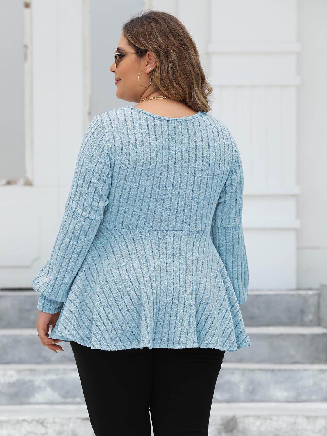 Plus Size Ribbed V-Neck Long Sleeve Blouse for a perfect OOTD – dress to impress outfits from Amexza