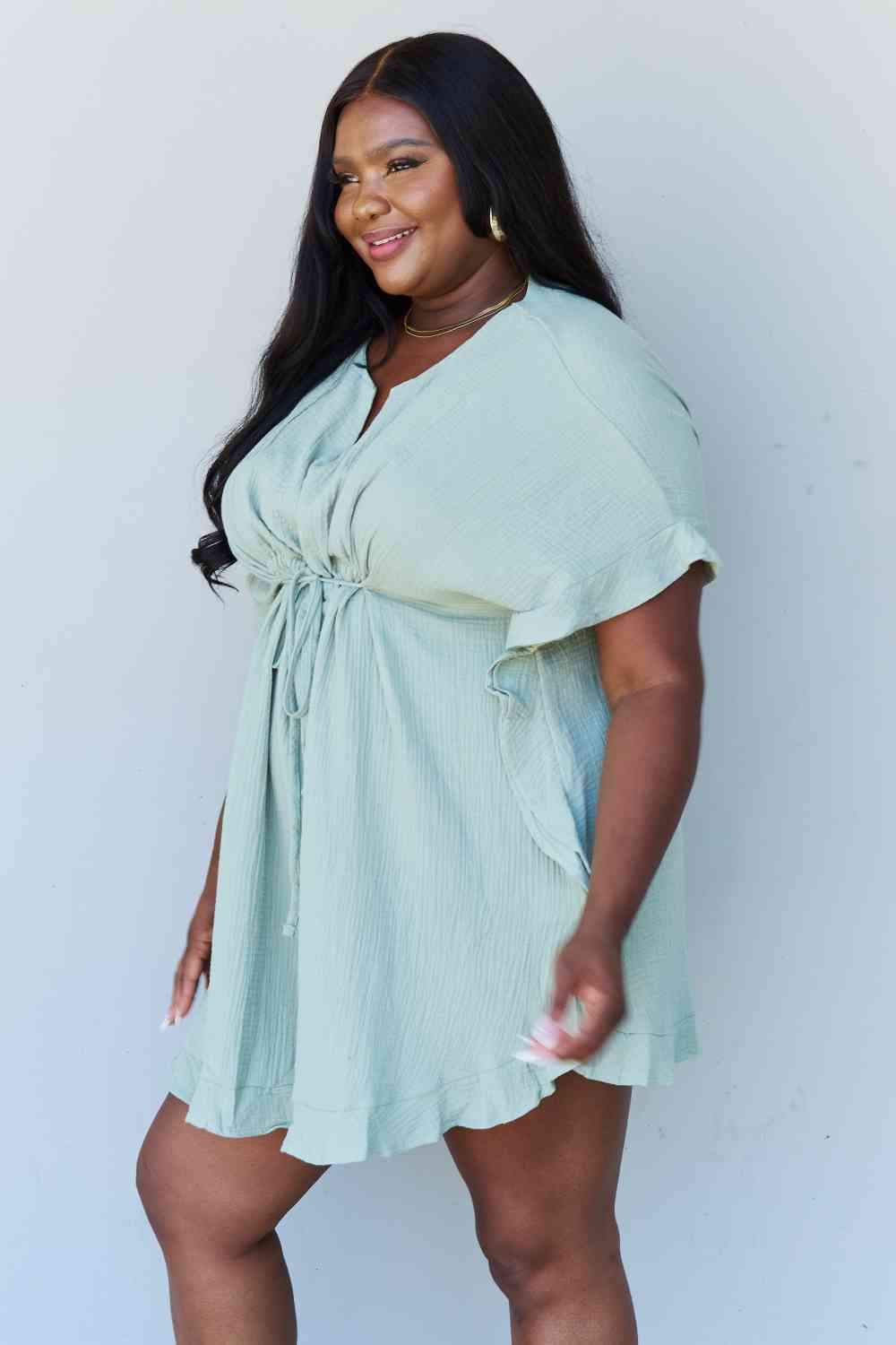 Ninexis Out Of Time Full Size Ruffle Hem Dress with Drawstring Waistband in Light Sage for a perfect OOTD – dress to impress outfits from Amexza