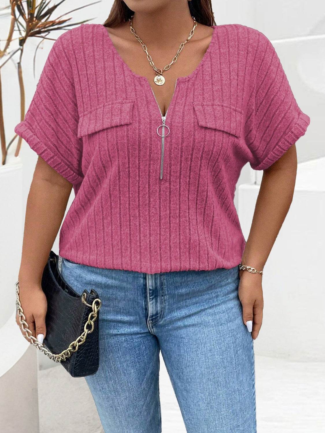 Plus Size Half Zip Short Sleeve T-Shirt for a perfect OOTD – dress to impress outfits from Amexza