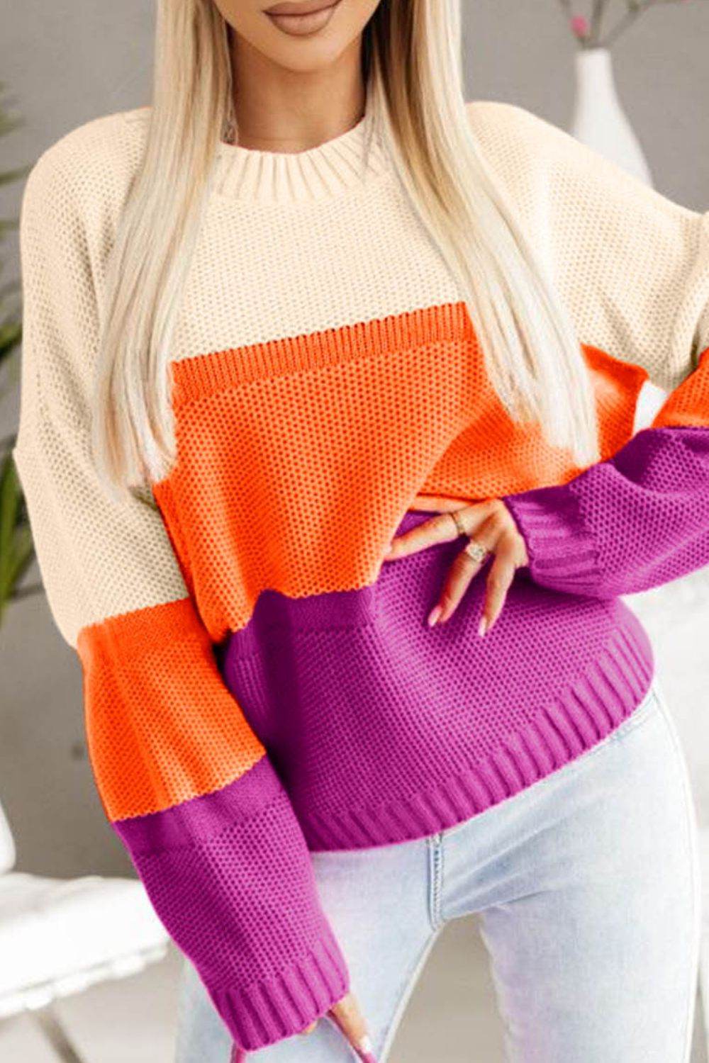 Color Block Drop Shoulder Round Neck Sweater - Amexza