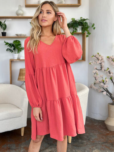 Double Take Full Size V-Neck Balloon Sleeve Tiered Dress with Pockets for a perfect OOTD – dress to impress outfits from Amexza