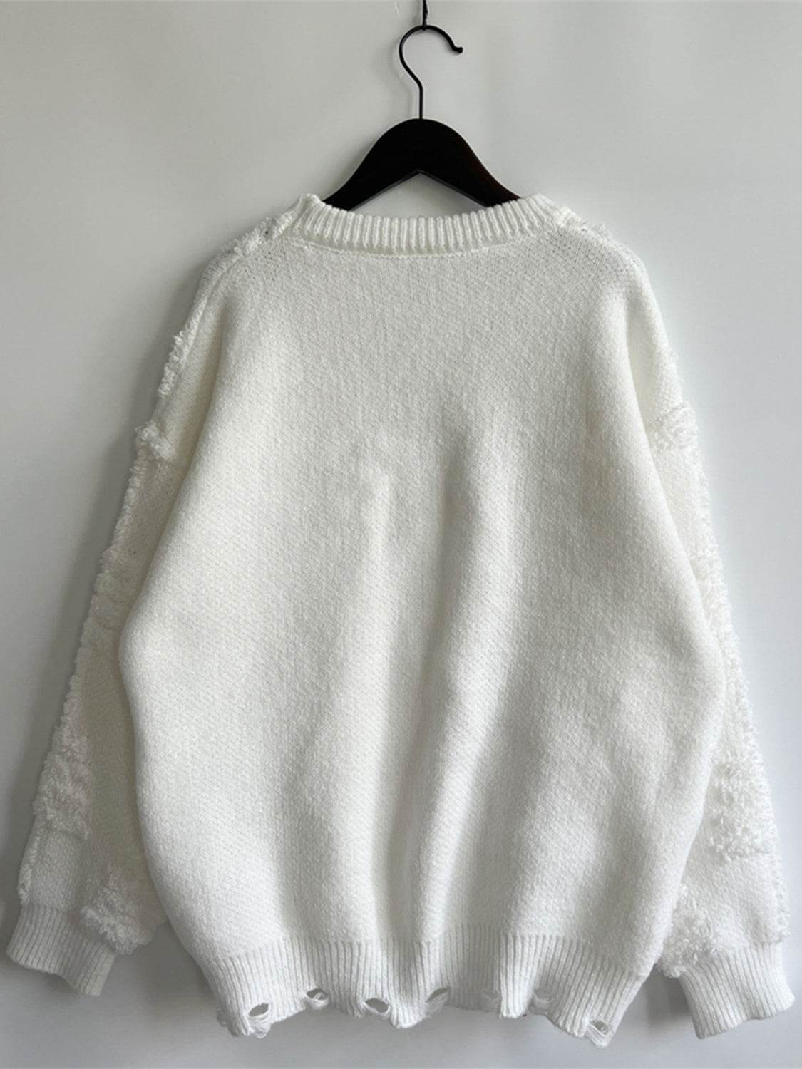 Pearl Detail Round Neck Long Sleeve Sweater - Amexza