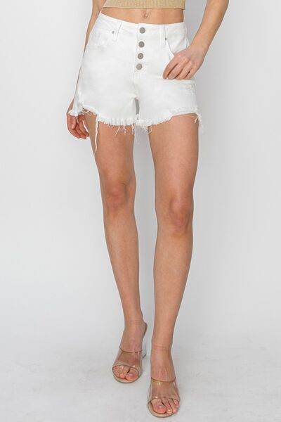 RISEN Button Fly Frayed Hem Denim Shorts for a perfect OOTD – dress to impress outfits from Amexza