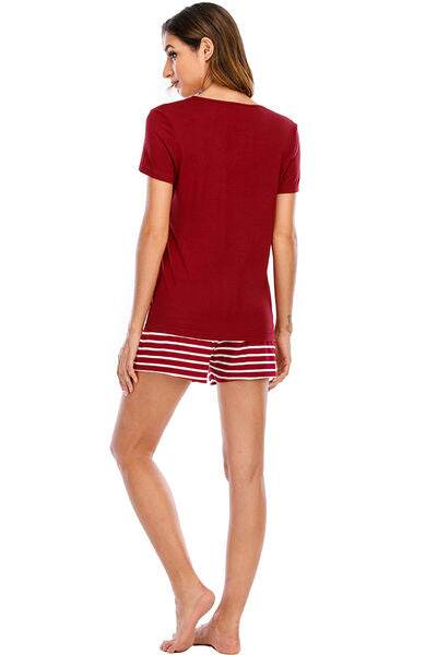 Graphic Round Neck Top and Striped Shorts Lounge Set for a perfect OOTD – dress to impress outfits from Amexza