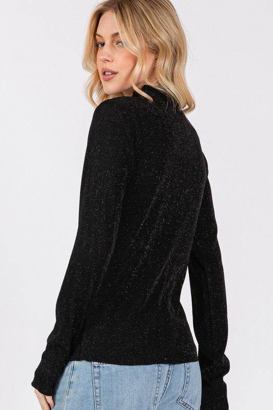 SAGE + FIG Glitter Mock Neck Lettuce Hem Long Sleeve Top - Amexza