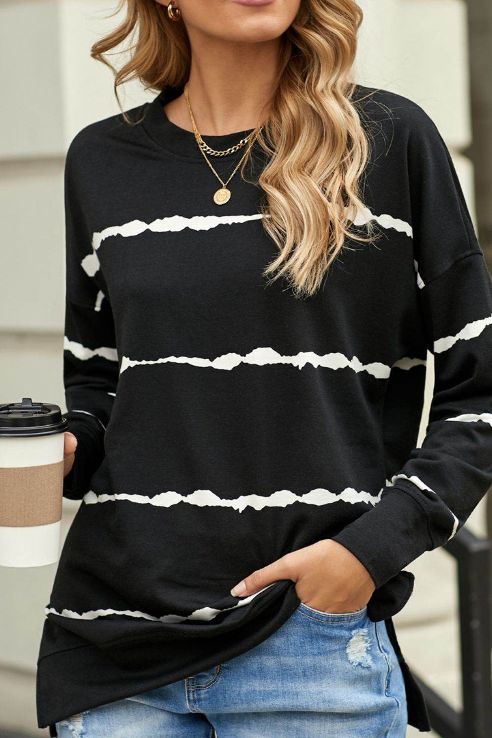 Slit Contrast Striped Round Neck Long Sleeve T-Shirt - Amexza