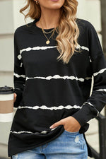 Slit Contrast Striped Round Neck Long Sleeve T-Shirt - Amexza