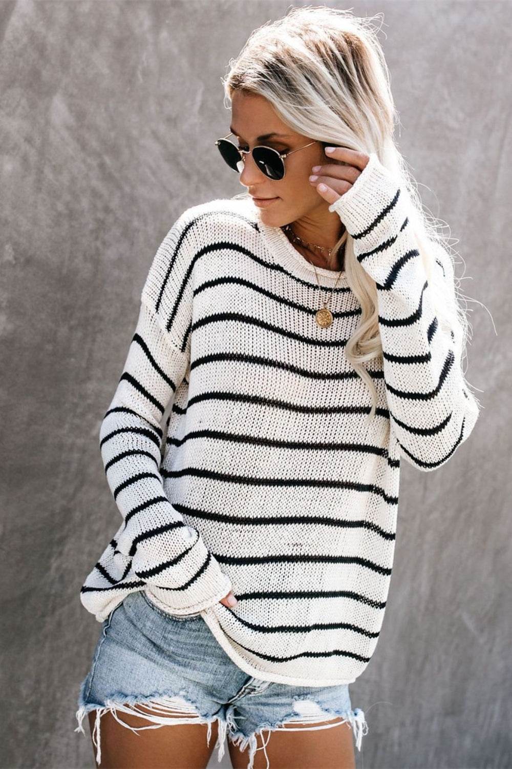 Striped Round Neck Drop Shoulder Sweater - Amexza