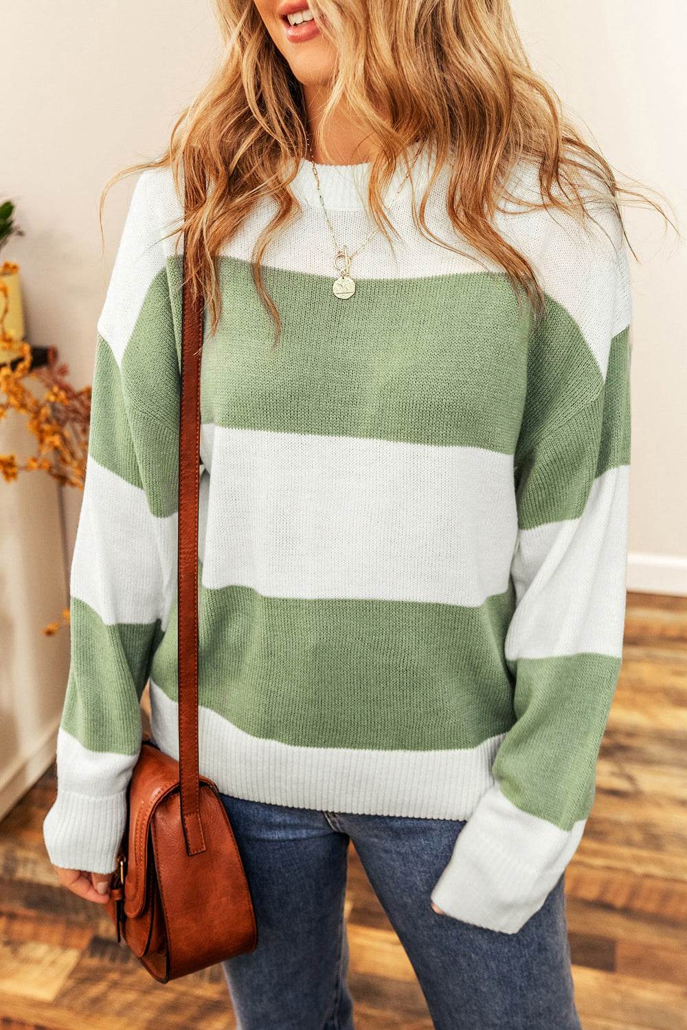 Color Block Round Neck Drop Shoulder Sweater for a perfect OOTD – dress to impress outfits from Amexza