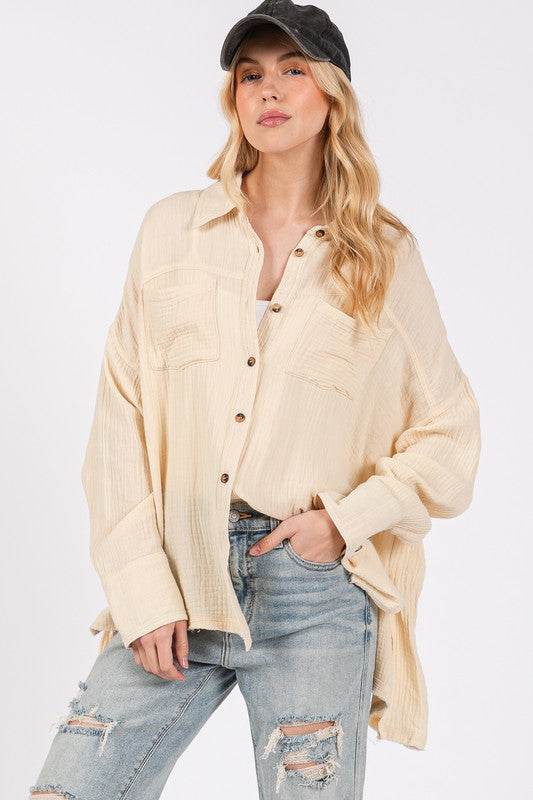 SAGE + FIG Frayed Hem Side Slit Button Down Shirt Natural for a perfect OOTD – dress to impress outfits from Amexza