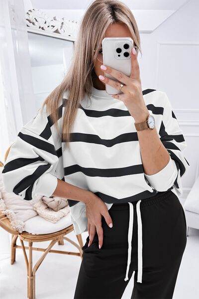 Striped Round Neck Long Sleeve Top and Pants Set for a perfect OOTD – dress to impress outfits from Amexza