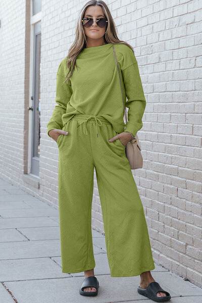 Double Take Full Size Textured Long Sleeve Top and Drawstring Pants Set Yellow-Green for a perfect OOTD – dress to impress outfits from Amexza