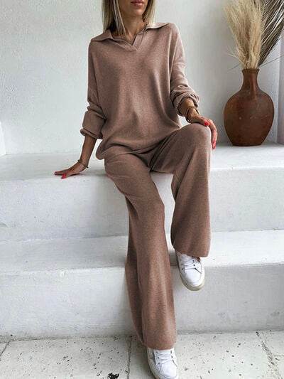 Johnny Collar Long Sleeve Top and Pants Sweater Set for a perfect OOTD – dress to impress outfits from Amexza