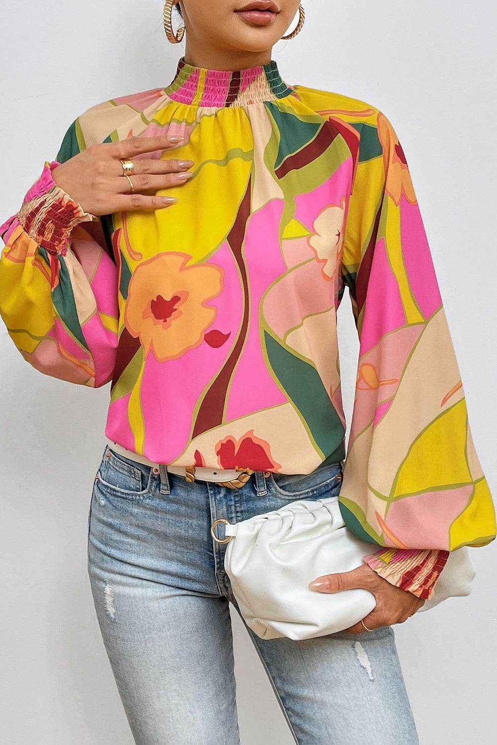 Floral Smocked Lantern Sleeve Mock Neck Blouse - Amexza