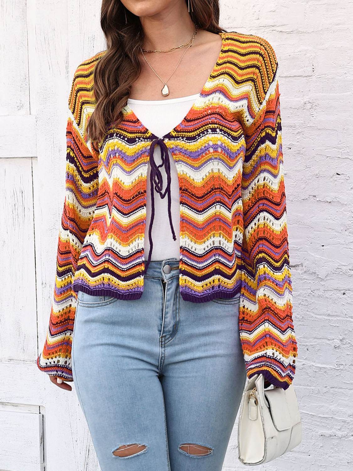 Striped Openwork Tied Cardigan - Amexza