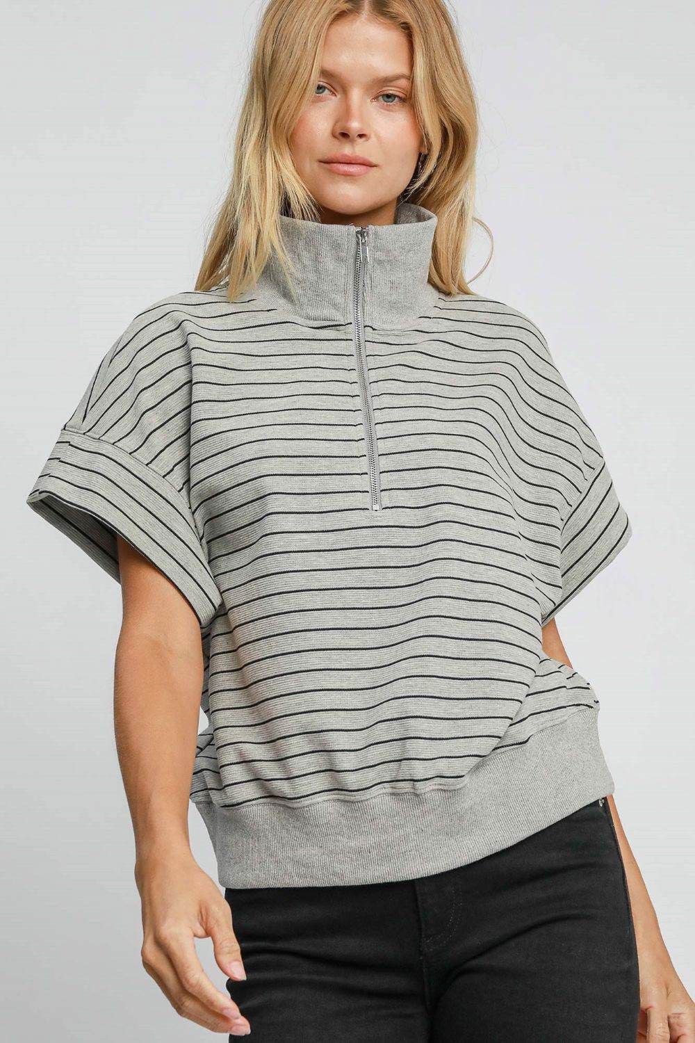 Umgee Striped Half Zip Short Sleeve Sweatshirt Gray for a perfect OOTD – dress to impress outfits from Amexza