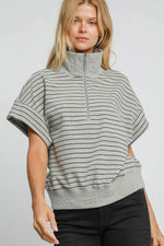 Umgee Striped Half Zip Short Sleeve Sweatshirt Gray for a perfect OOTD – dress to impress outfits from Amexza