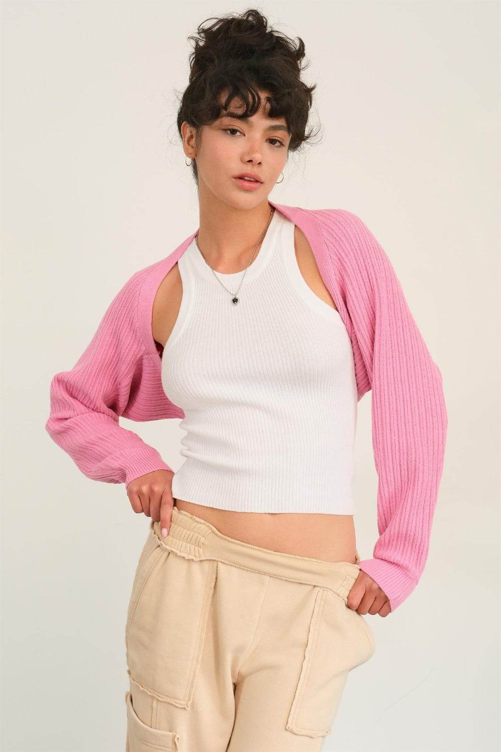 HYFVE Ribbed Knit Bolero Cardigan Rose Pink for a perfect OOTD – dress to impress outfits from Amexza