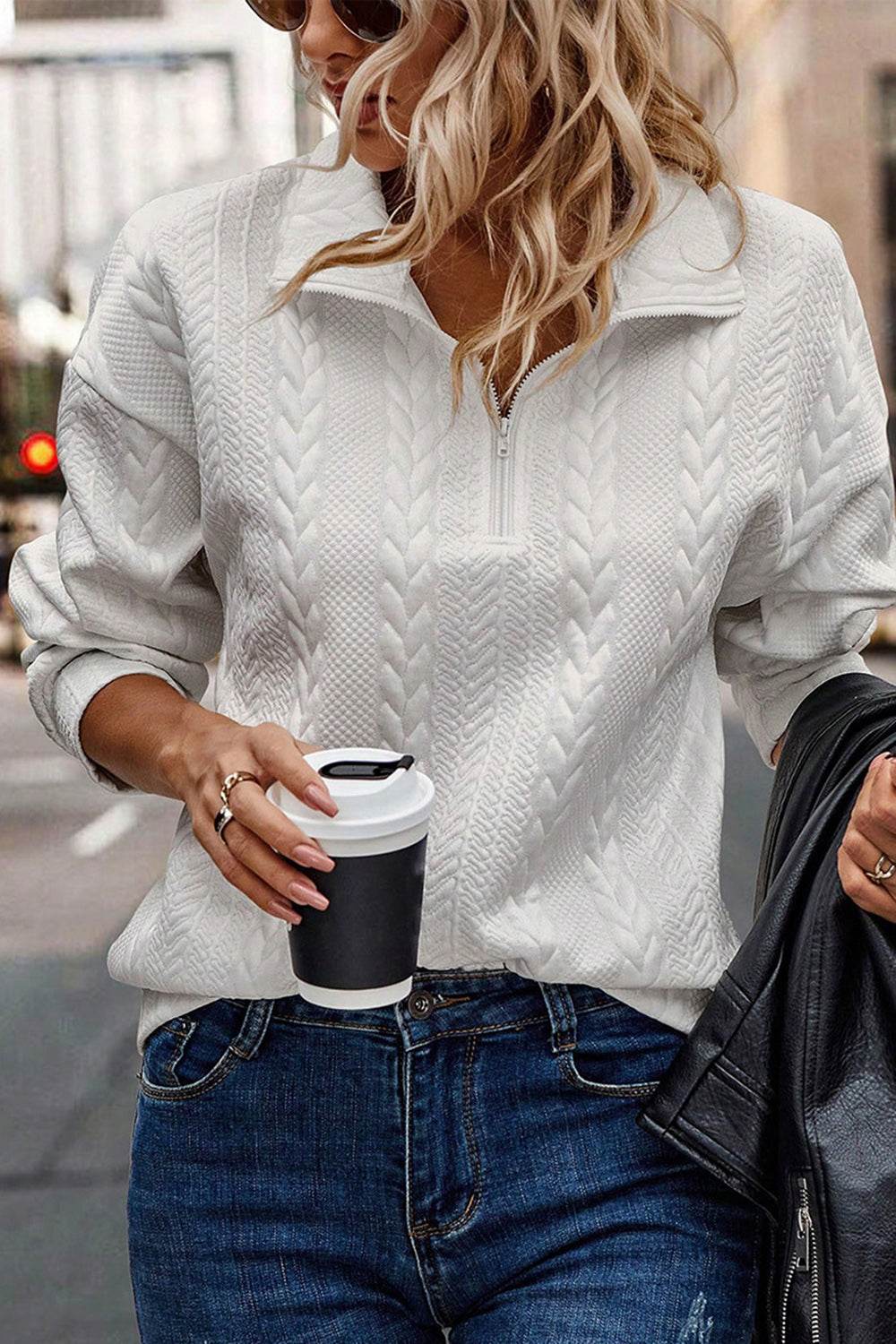 Half Zip Drop Shoulder Long Sleeve Sweatshirt White for a perfect OOTD – dress to impress outfits from Amexza