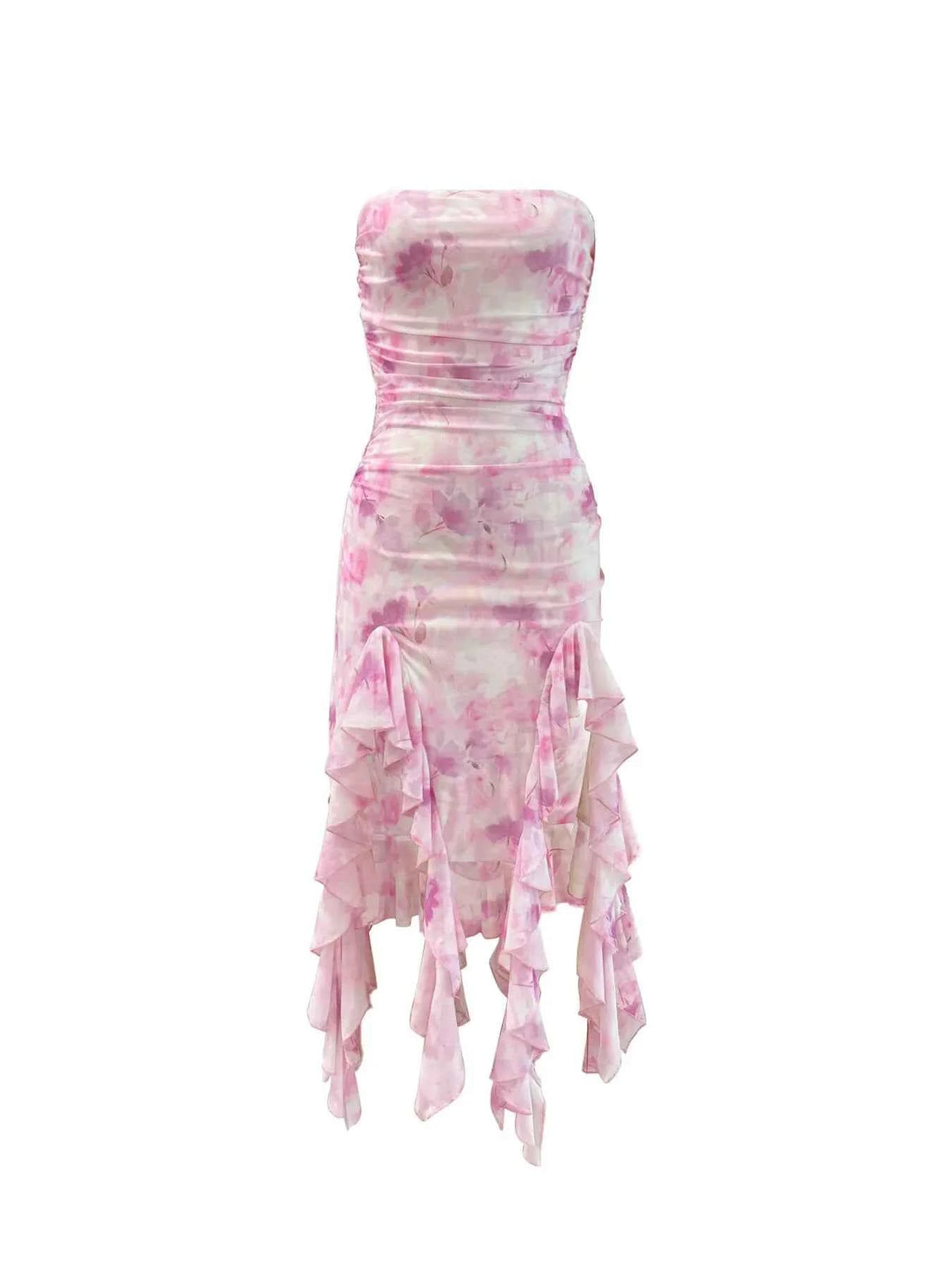 Tie-Dye Strapless Ruffle Hem Dress