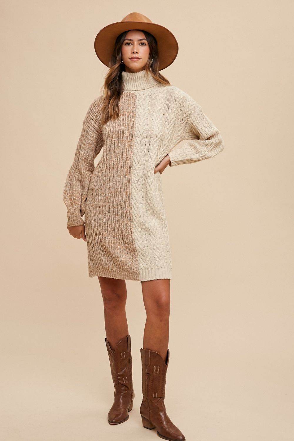 Annie Wear Color Block Turtleneck Sweater Dress - Amexza